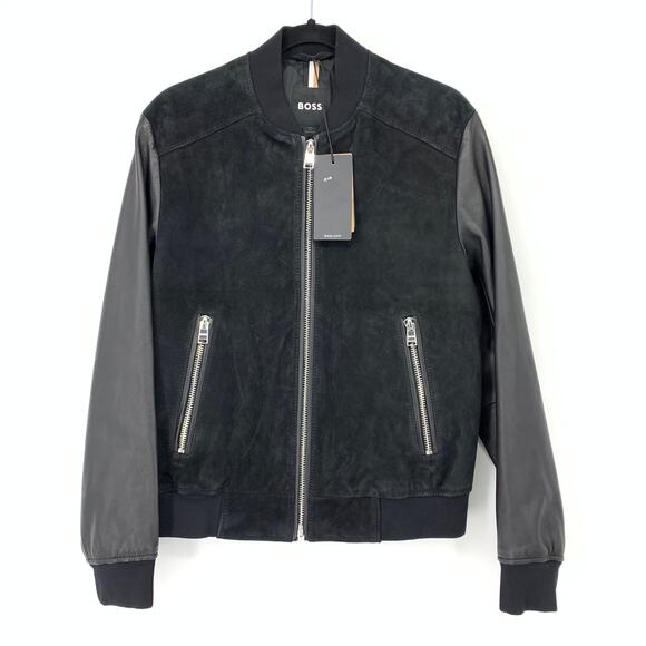 Hugo Boss Leather Suede Bomber Jacket Mens Sz 34R Black Silver Tone Hardware NEW - Picture 1 of 7